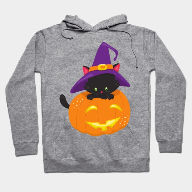 Halloween Cat, Black Cat, Witch Hat, Pumpkin Hoodie by Jelena Dunčević